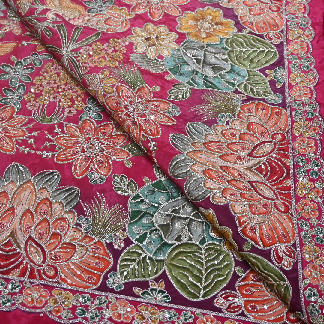 Multi Color Crepe Position Print Zari Sequence Embroidery Fabric