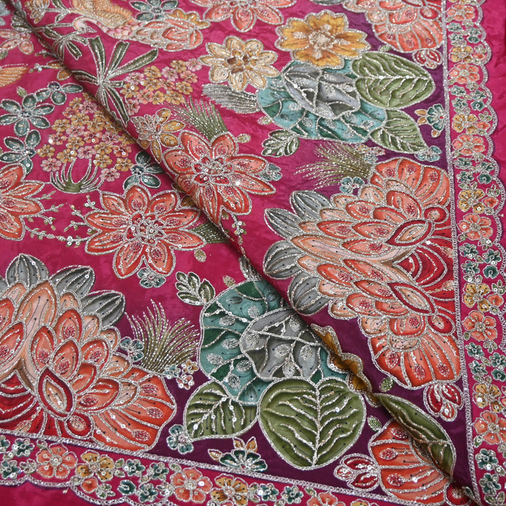 Multi Color Crepe Position Print Zari Sequence Embroidery Fabric