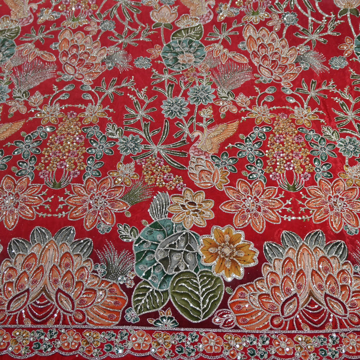 Multi Color Crepe Position Print Zari Sequence Embroidery Fabric