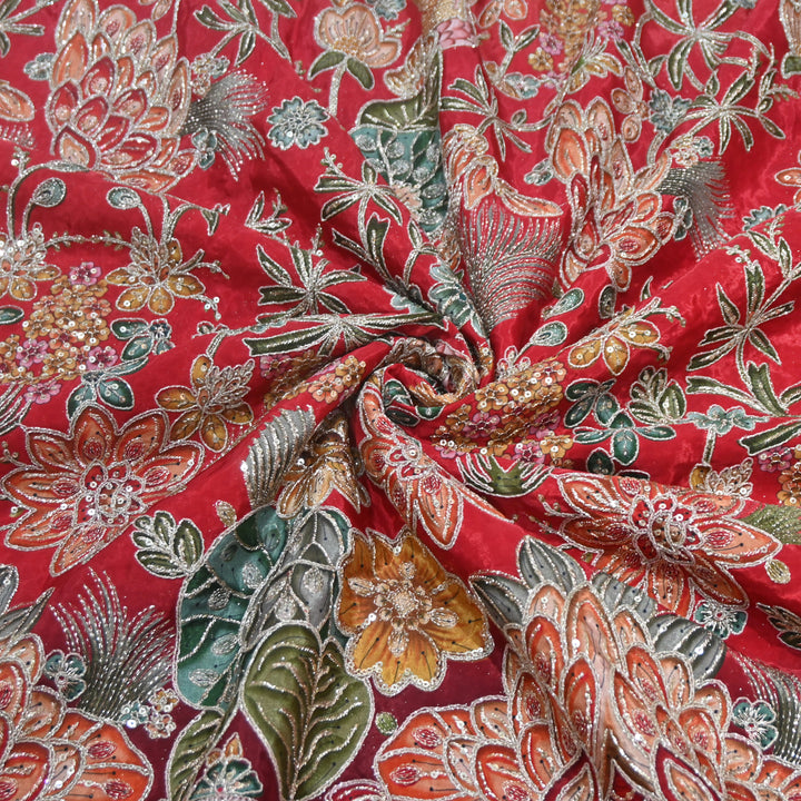 Multi Color Crepe Position Print Zari Sequence Embroidery Fabric