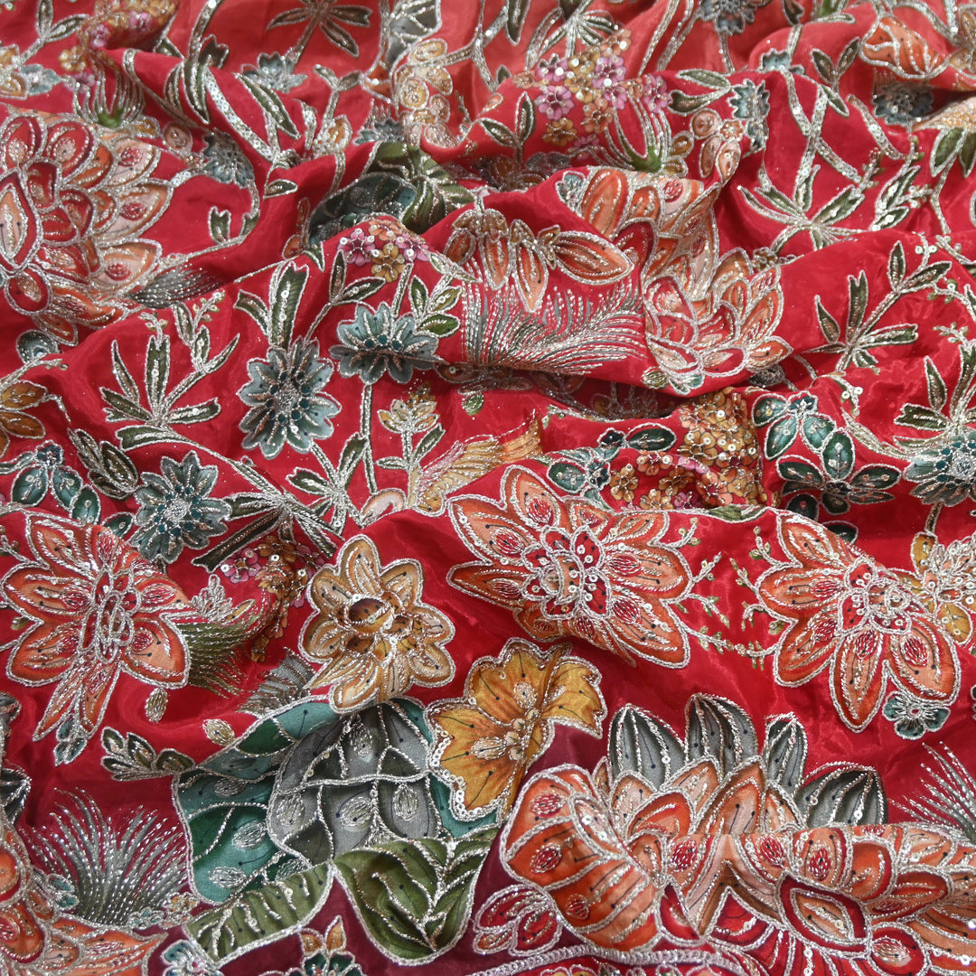 Multi Color Crepe Position Print Zari Sequence Embroidery Fabric