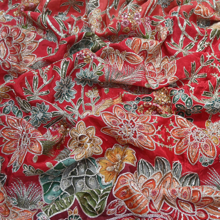 Multi Color Crepe Position Print Zari Sequence Embroidery Fabric