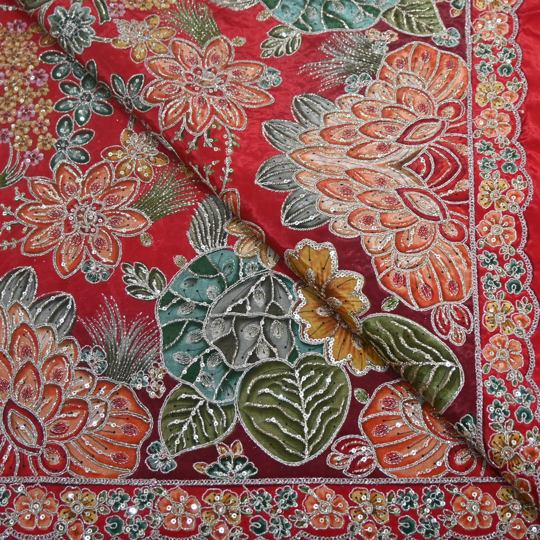 Multi Color Crepe Position Print Zari Sequence Embroidery Fabric