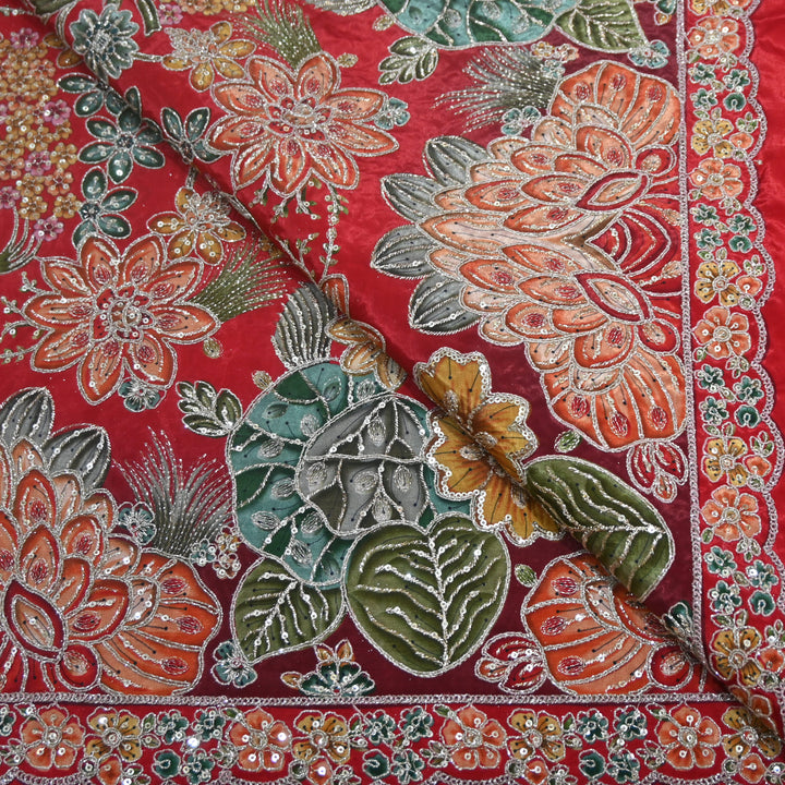 Multi Color Crepe Position Print Zari Sequence Embroidery Fabric
