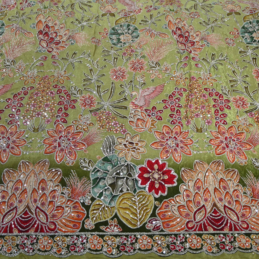 Multi Color Crepe Position Print Zari Sequence Embroidery Fabric