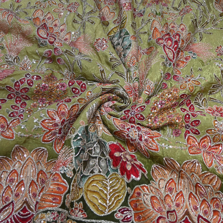 Multi Color Crepe Position Print Zari Sequence Embroidery Fabric