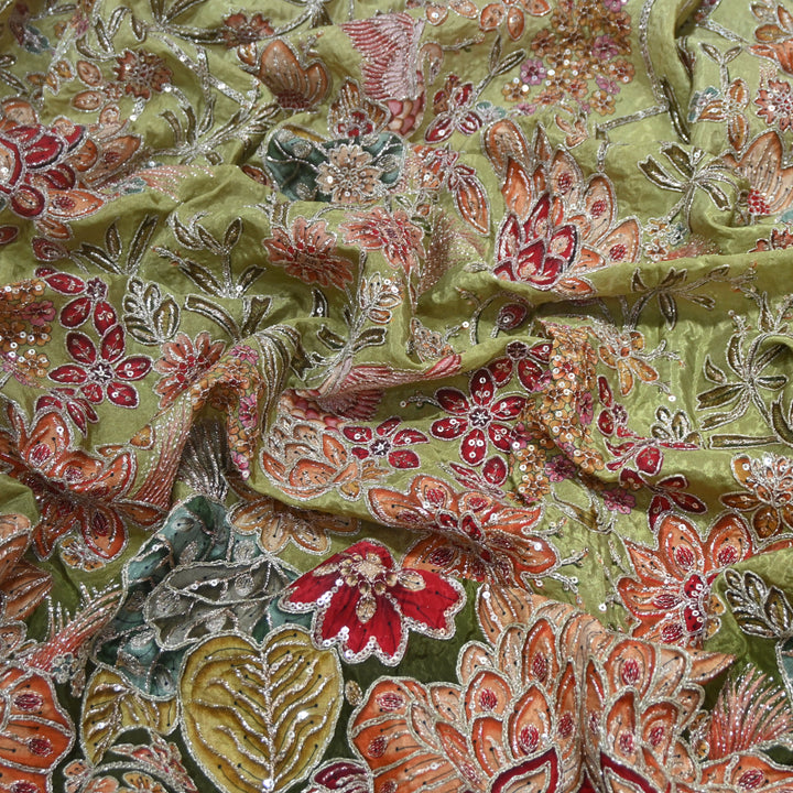 Multi Color Crepe Position Print Zari Sequence Embroidery Fabric