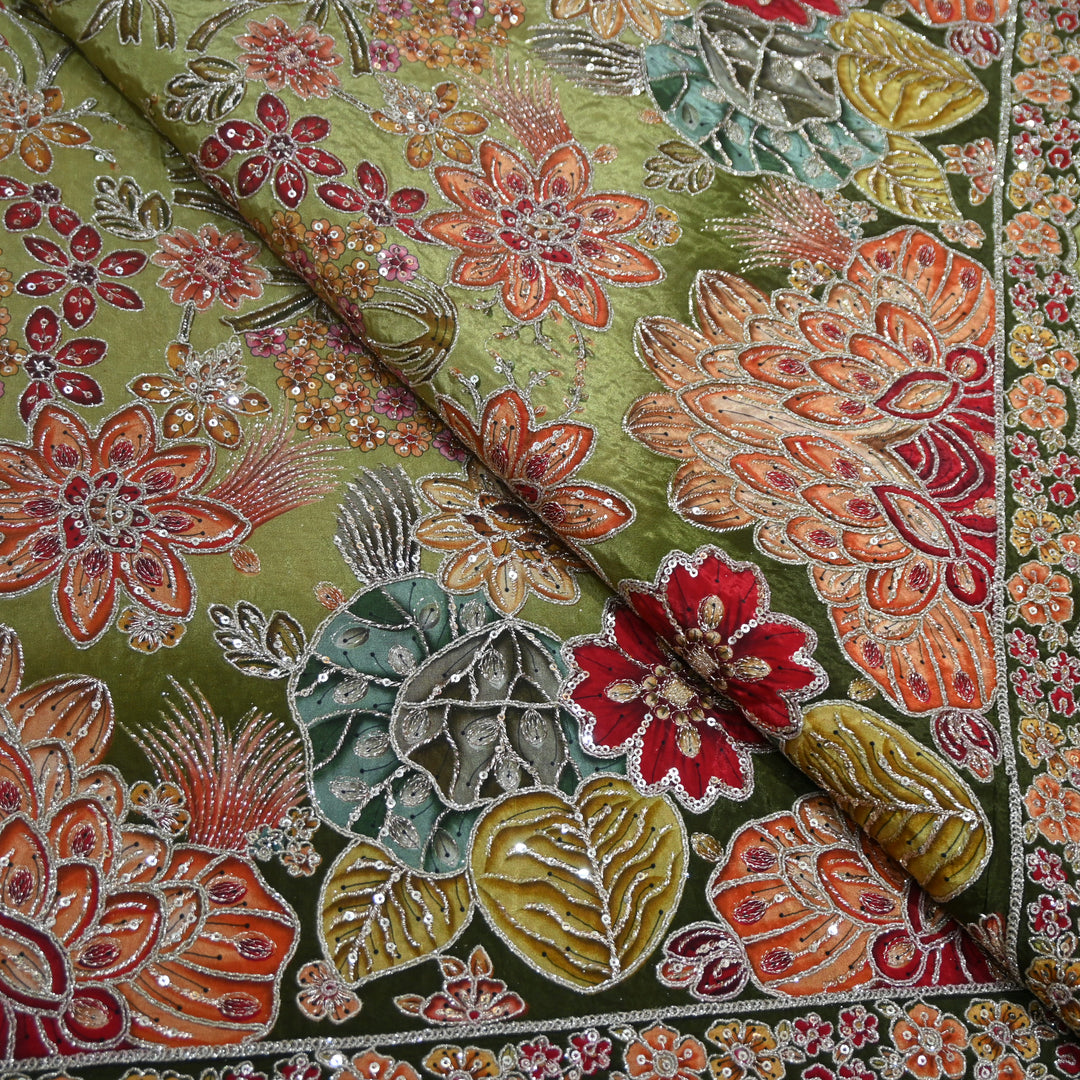 Multi Color Crepe Position Print Zari Sequence Embroidery Fabric