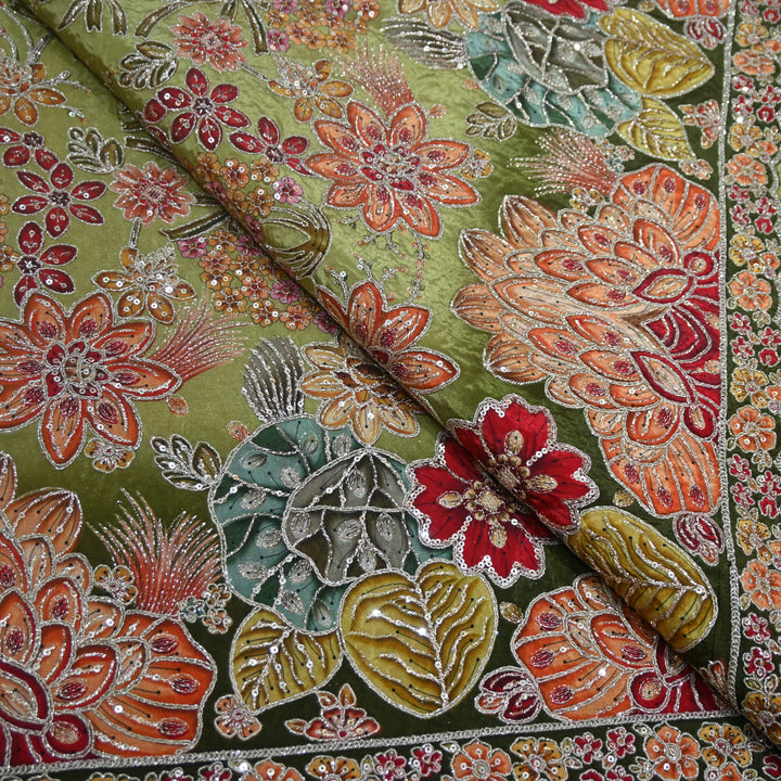 Multi Color Crepe Position Print Zari Sequence Embroidery Fabric