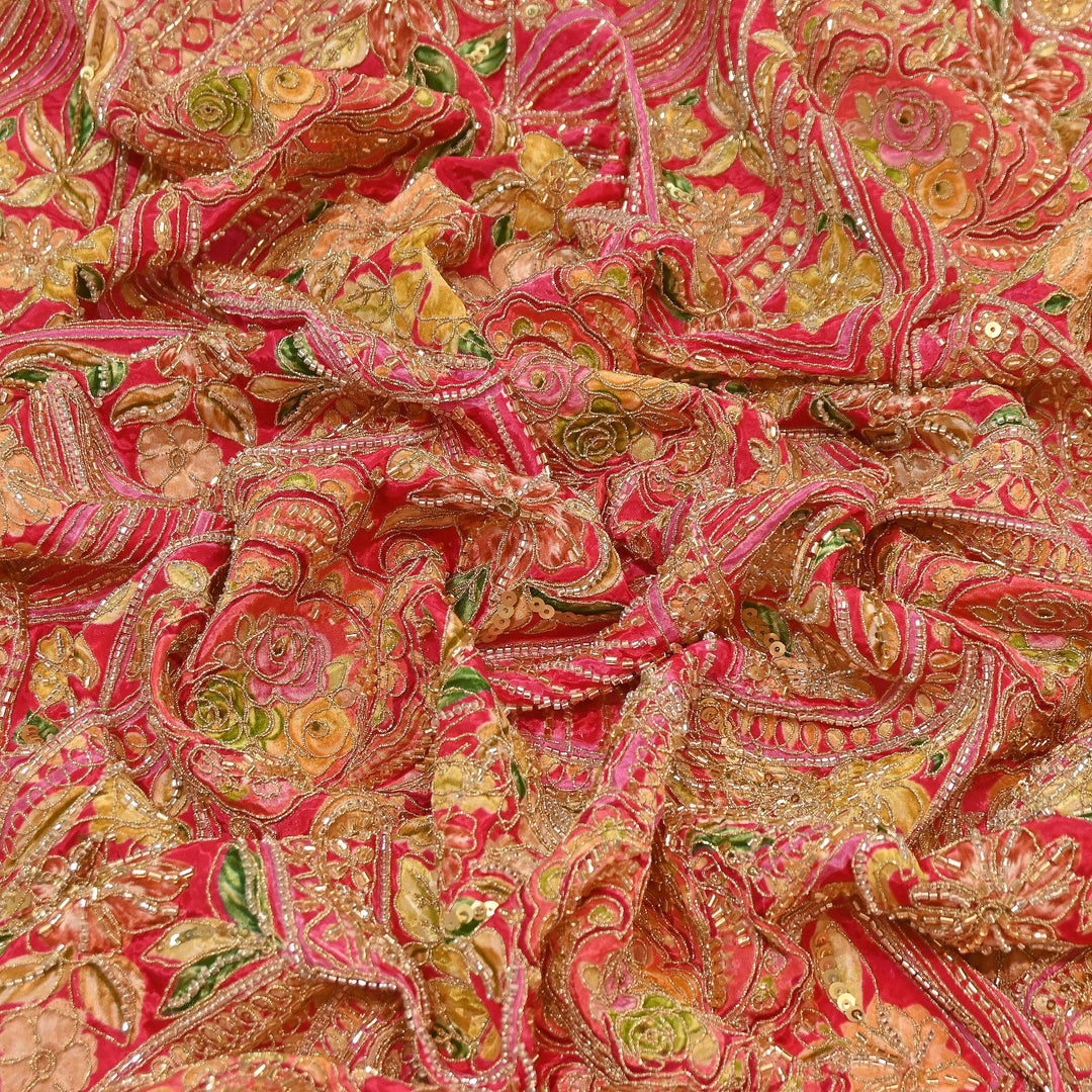 Premium Dyed Crepe Position Print Moti & Sequins Embroidery Fabric | Luxury Designer Ethnic Fabric| VI3547C-3