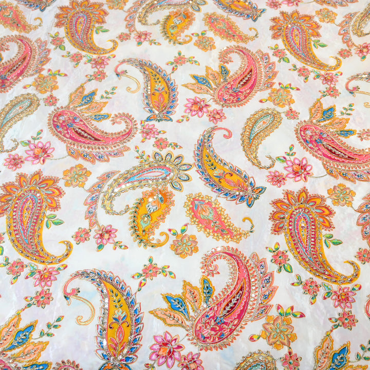 Multi Color Crepe Position Print Zari Sequence Embroidery Fabric