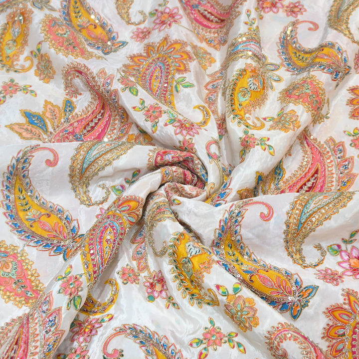 Multi Color Crepe Position Print Zari Sequence Embroidery Fabric