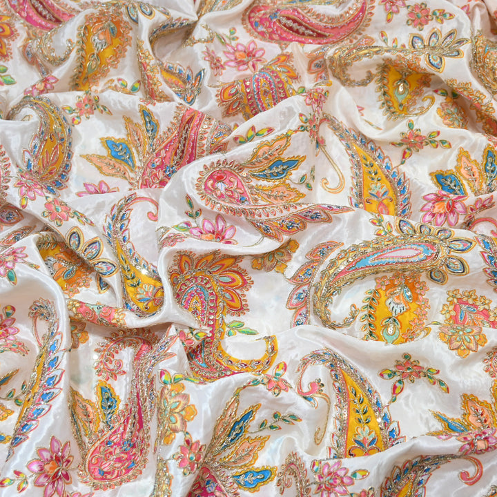 Multi Color Crepe Position Print Zari Sequence Embroidery Fabric