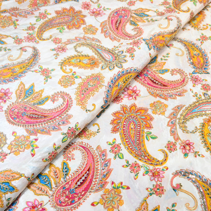 Multi Color Crepe Position Print Zari Sequence Embroidery Fabric