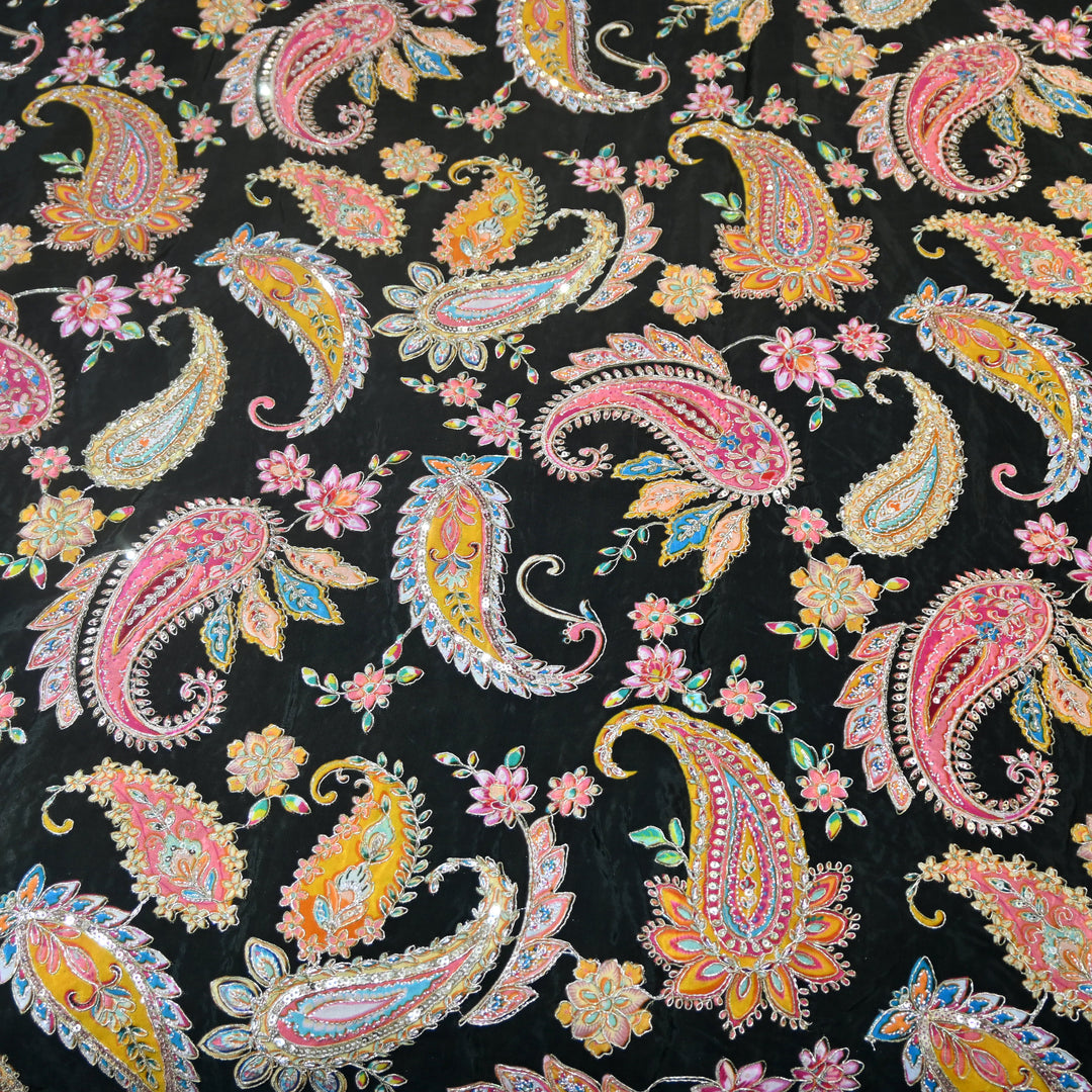 Multi Color Crepe Position Print Zari Sequence Embroidery Fabric