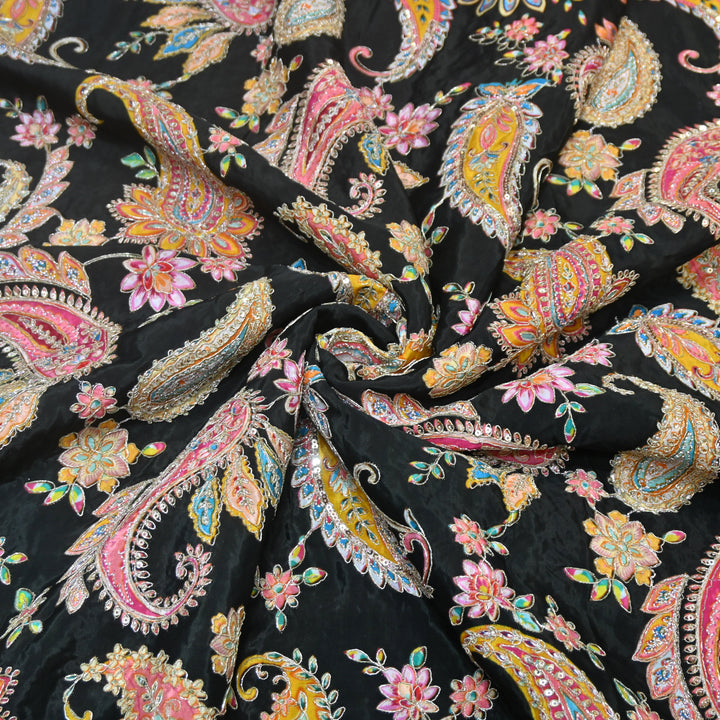 Multi Color Crepe Position Print Zari Sequence Embroidery Fabric
