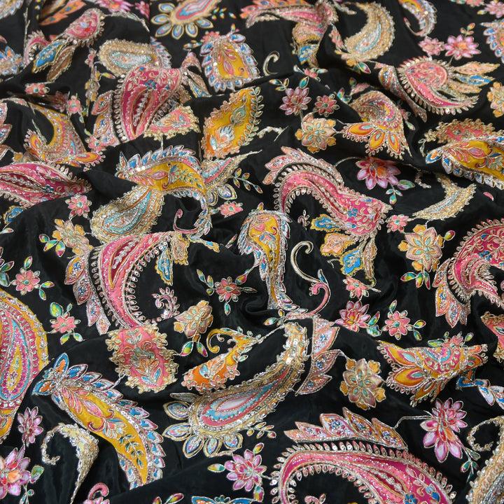 Multi Color Crepe Position Print Zari Sequence Embroidery Fabric