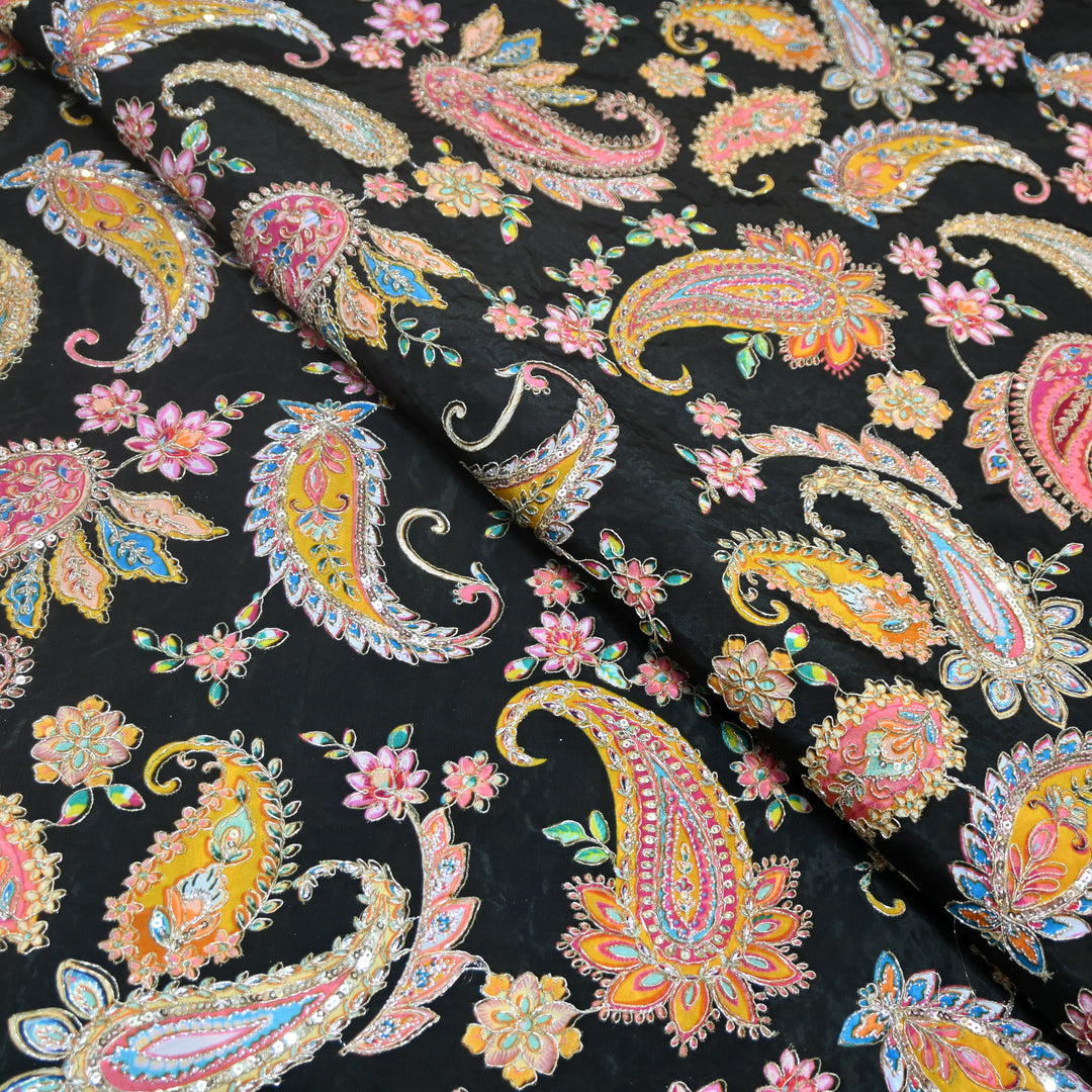 Multi Color Crepe Position Print Zari Sequence Embroidery Fabric