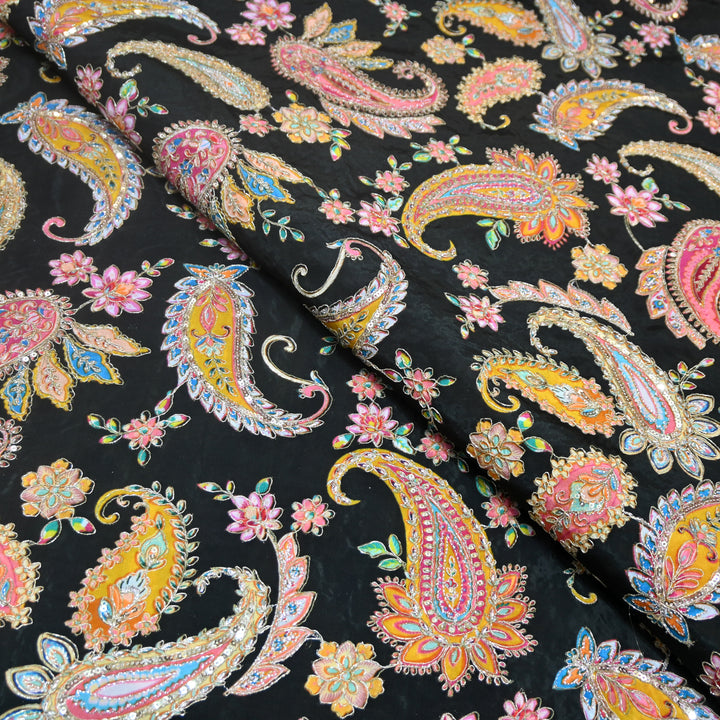Multi Color Crepe Position Print Zari Sequence Embroidery Fabric