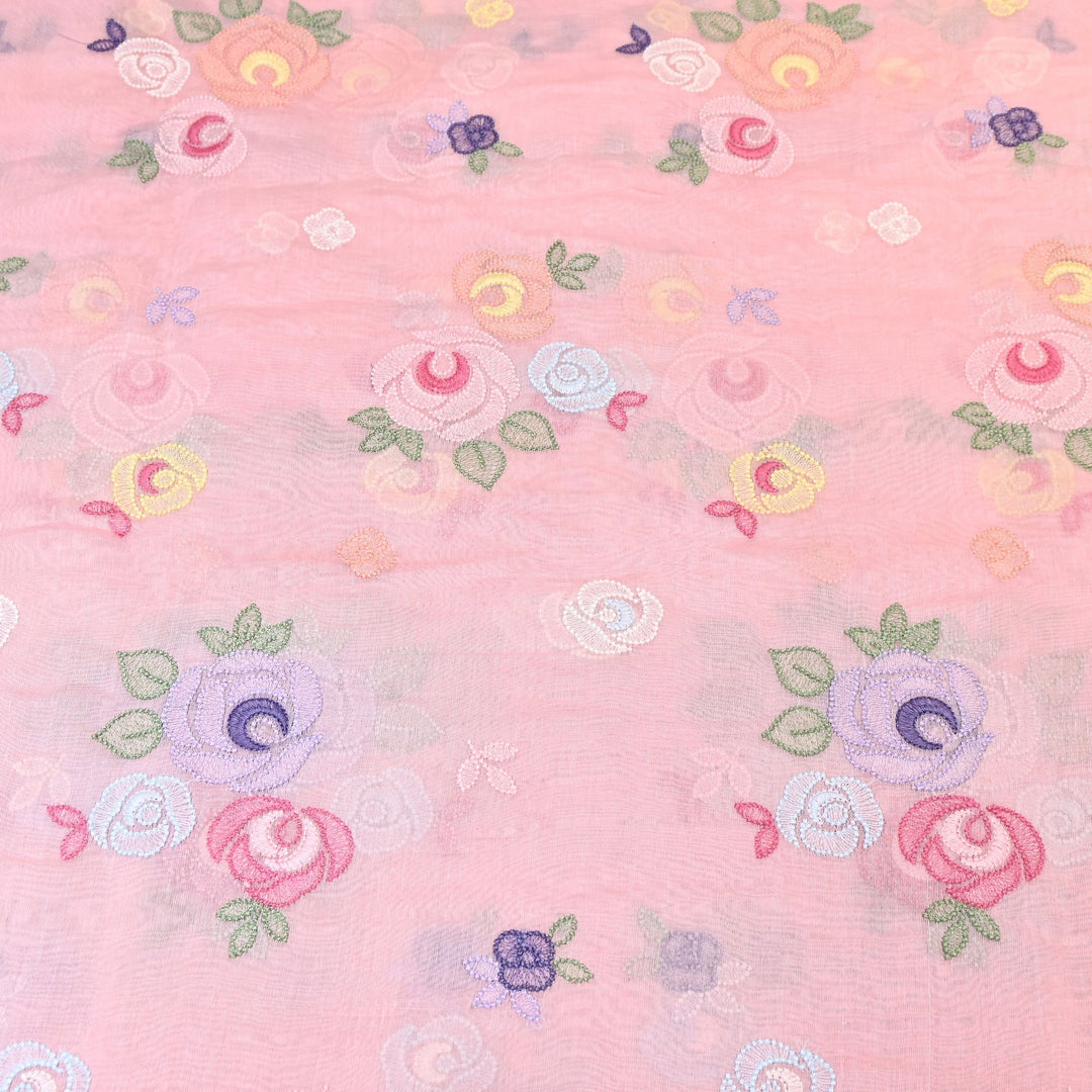 Blush Pink Color Mul Chanderi Floral Thread Embroidery Fabric – Soft Breathable Designer Fabric- M08231-1