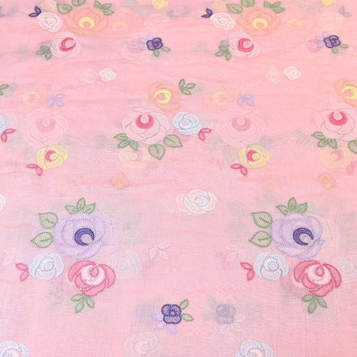 Blush Pink Color Mul Chanderi Floral Thread Embroidery Fabric – Soft Breathable Designer Fabric- M08231-1