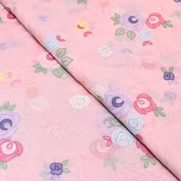 Blush Pink Color Mul Chanderi Floral Thread Embroidery Fabric – Soft Breathable Designer Fabric- M08231-1