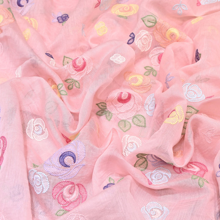 Blush Pink Color Mul Chanderi Floral Thread Embroidery Fabric – Soft Breathable Designer Fabric- M08231-1