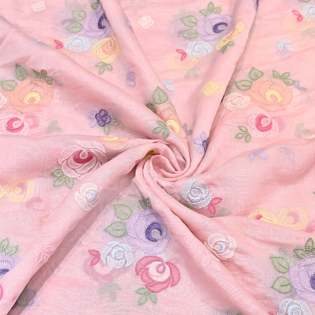 Blush Pink Color Mul Chanderi Floral Thread Embroidery Fabric – Soft Breathable Designer Fabric- M08231-1