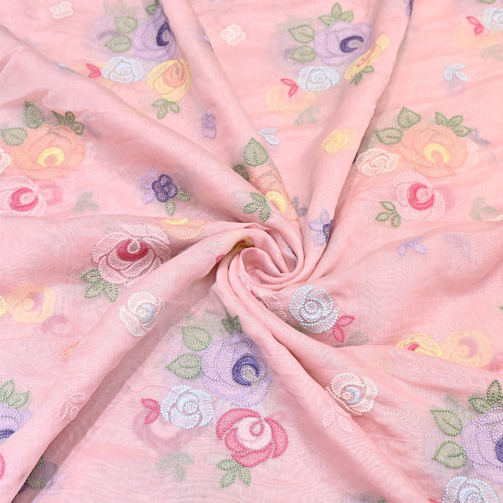 Blush Pink Color Mul Chanderi Floral Thread Embroidery Fabric – Soft Breathable Designer Fabric- M08231-1
