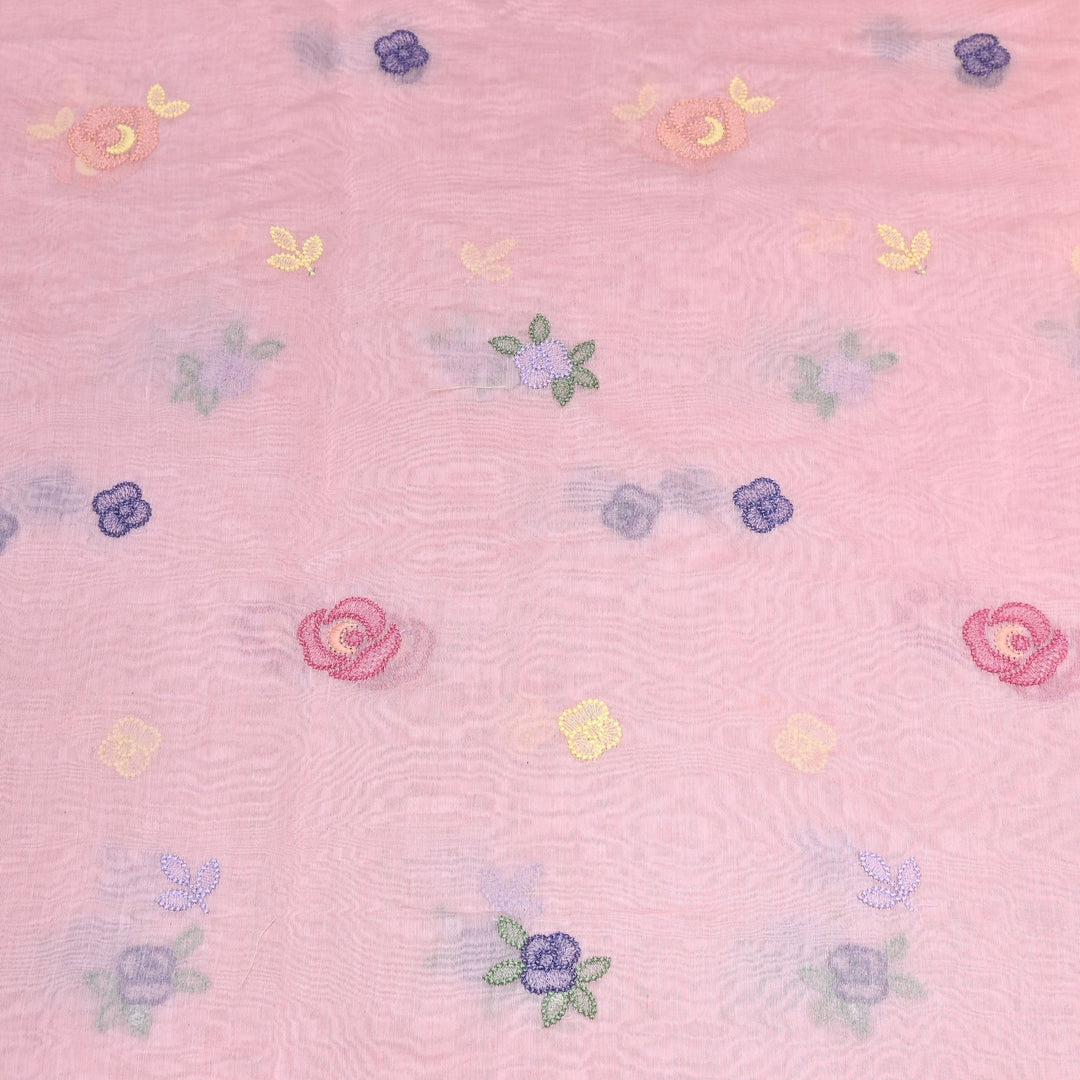 Blush Pink Color Mul Chanderi Floral Thread Embroidery Fabric – Soft Breathable Designer Fabric- MF8231-1