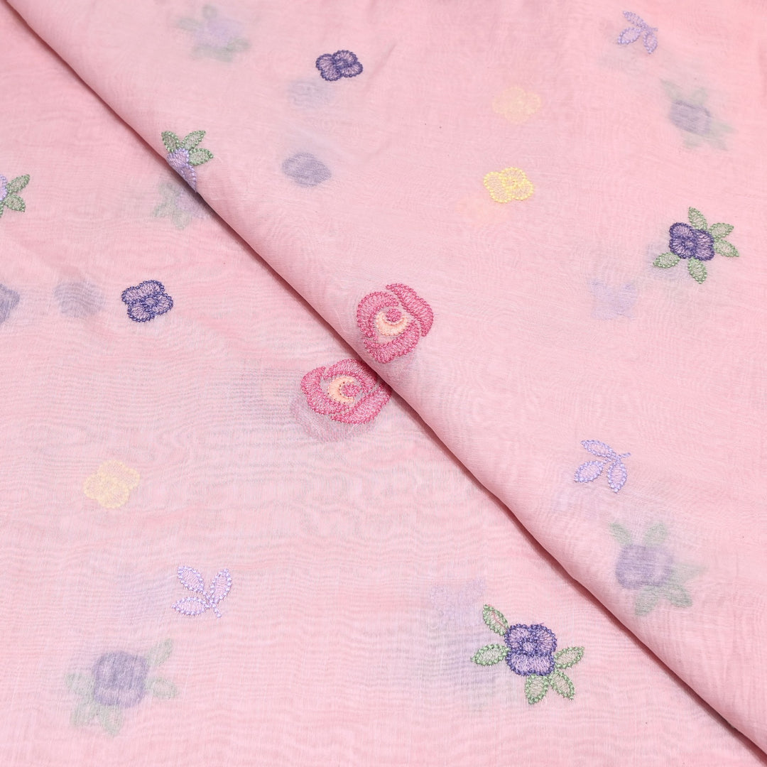 Blush Pink Color Mul Chanderi Floral Thread Embroidery Fabric – Soft Breathable Designer Fabric- MF8231-1