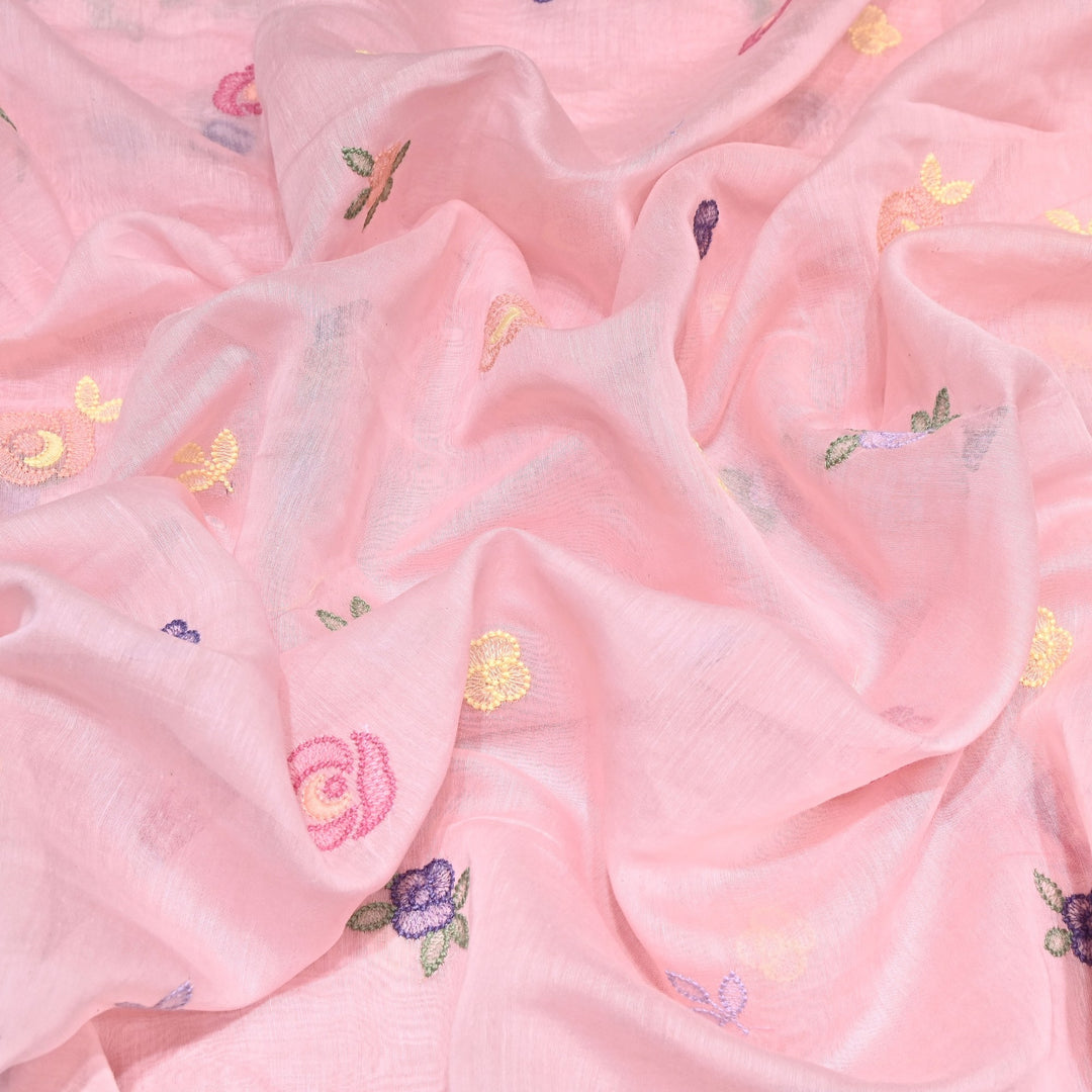 Blush Pink Color Mul Chanderi Floral Thread Embroidery Fabric – Soft Breathable Designer Fabric- MF8231-1