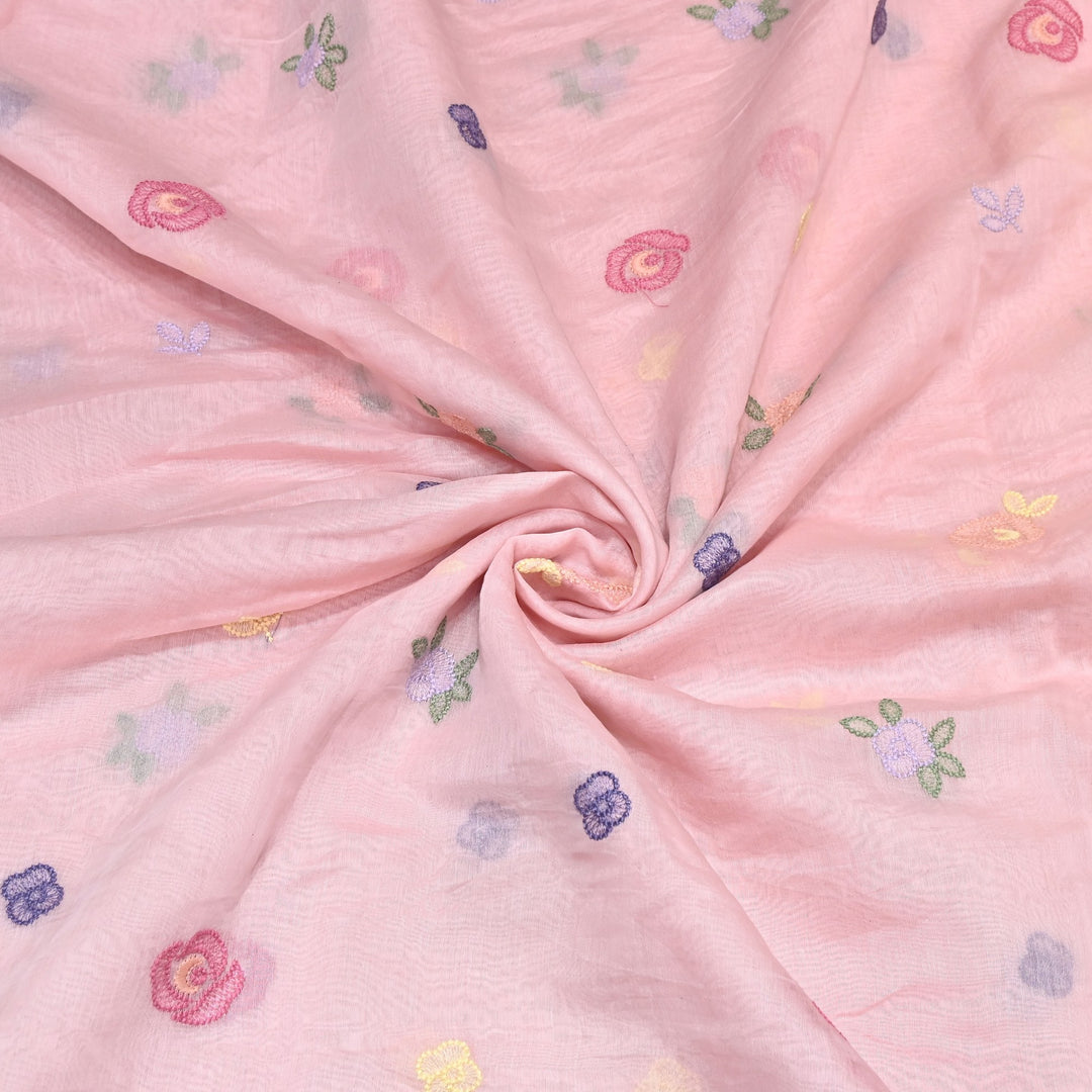 Blush Pink Color Mul Chanderi Floral Thread Embroidery Fabric – Soft Breathable Designer Fabric- MF8231-1