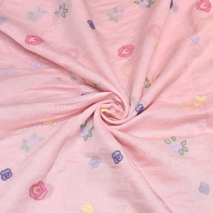 Blush Pink Color Mul Chanderi Floral Thread Embroidery Fabric – Soft Breathable Designer Fabric- MF8231-1
