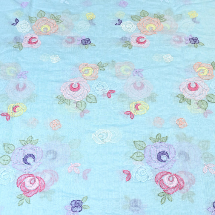 Powder Blue Color Mul Chanderi Floral Thread Embroidery Fabric – Soft Breathable Designer Fabric- M08231-2