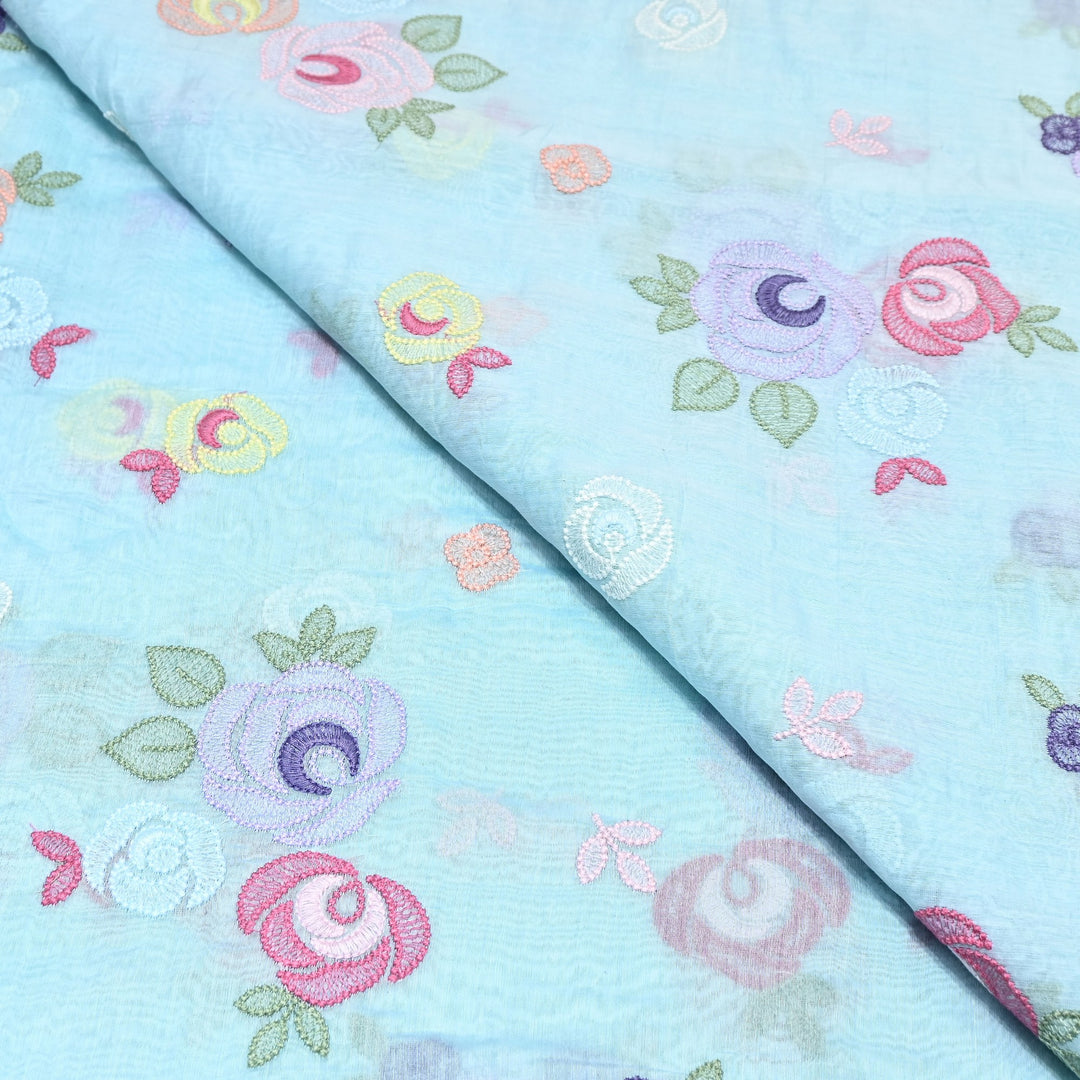 Powder Blue Color Mul Chanderi Floral Thread Embroidery Fabric – Soft Breathable Designer Fabric- M08231-2