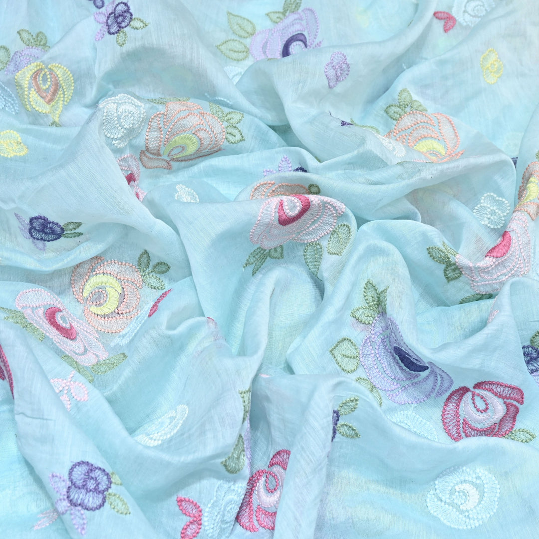 Powder Blue Color Mul Chanderi Floral Thread Embroidery Fabric – Soft Breathable Designer Fabric- M08231-2