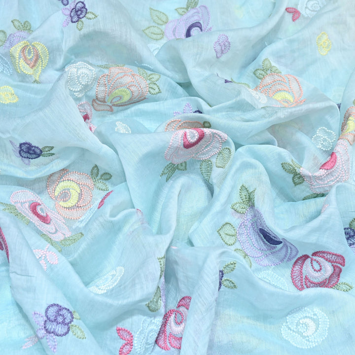 Powder Blue Color Mul Chanderi Floral Thread Embroidery Fabric – Soft Breathable Designer Fabric- M08231-2