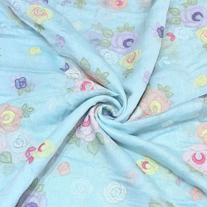 Powder Blue Color Mul Chanderi Floral Thread Embroidery Fabric – Soft Breathable Designer Fabric- M08231-2