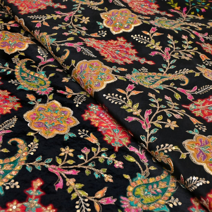 Dyed Viscose Georgette Moti Mirror Sequins Embroidery Fabrics