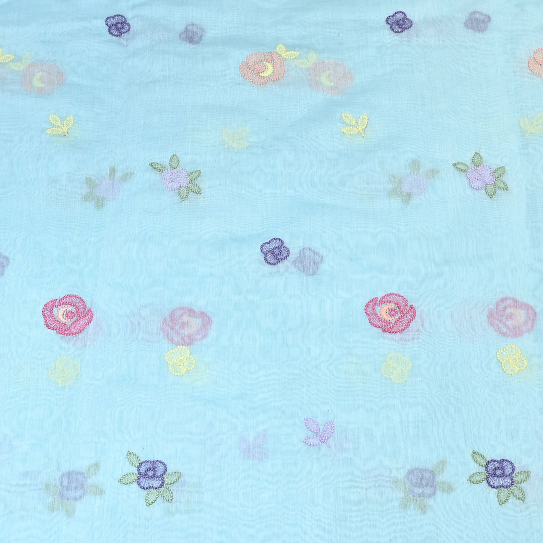 Powder Blue Color Mul Chanderi Floral Thread Embroidery Fabric – Soft Breathable Designer Fabric- MF8231-2