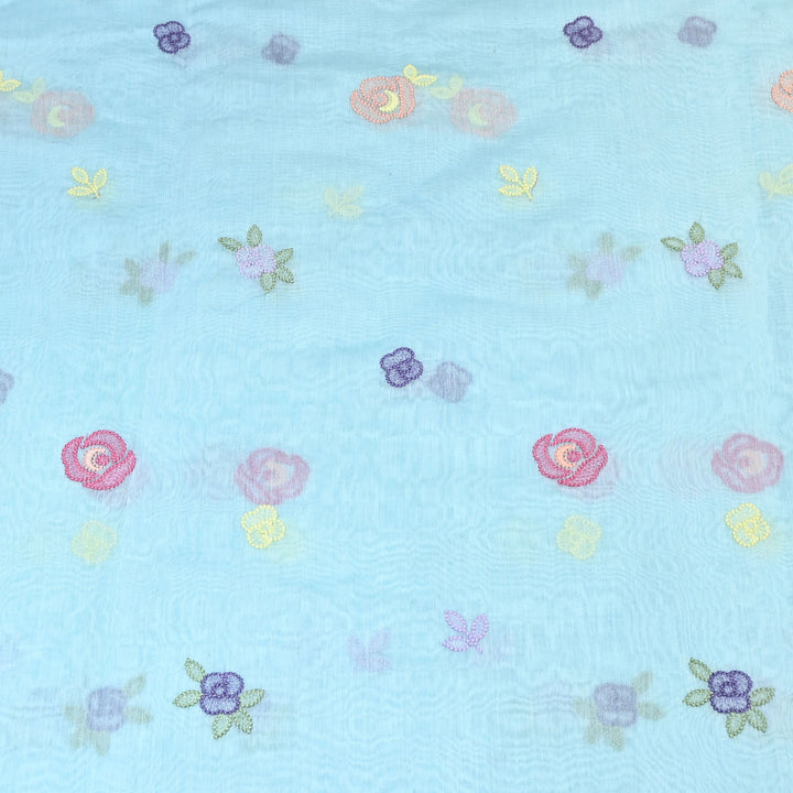 Powder Blue Color Mul Chanderi Floral Thread Embroidery Fabric – Soft Breathable Designer Fabric- MF8231-2