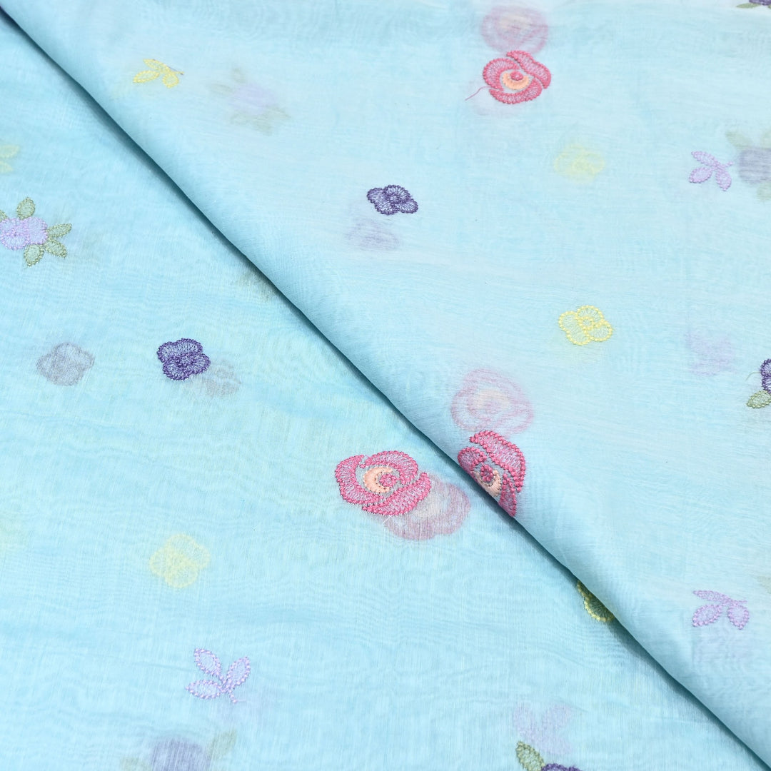 Powder Blue Color Mul Chanderi Floral Thread Embroidery Fabric – Soft Breathable Designer Fabric- MF8231-2