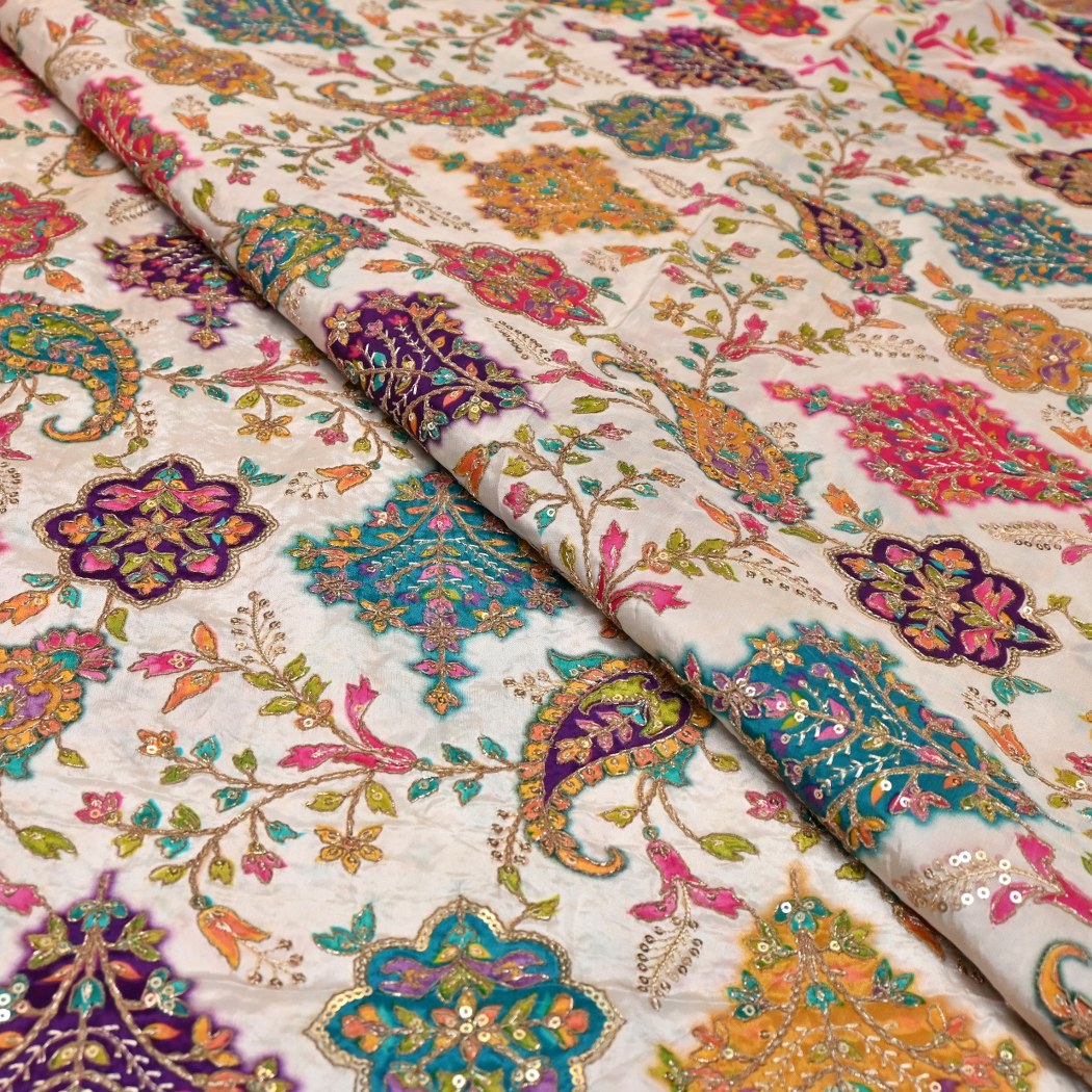 Dyed Viscose Georgette Moti Mirror Sequins Embroidery Fabrics