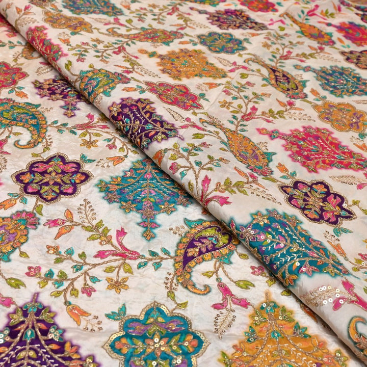 Dyed Viscose Georgette Moti Mirror Sequins Embroidery Fabrics