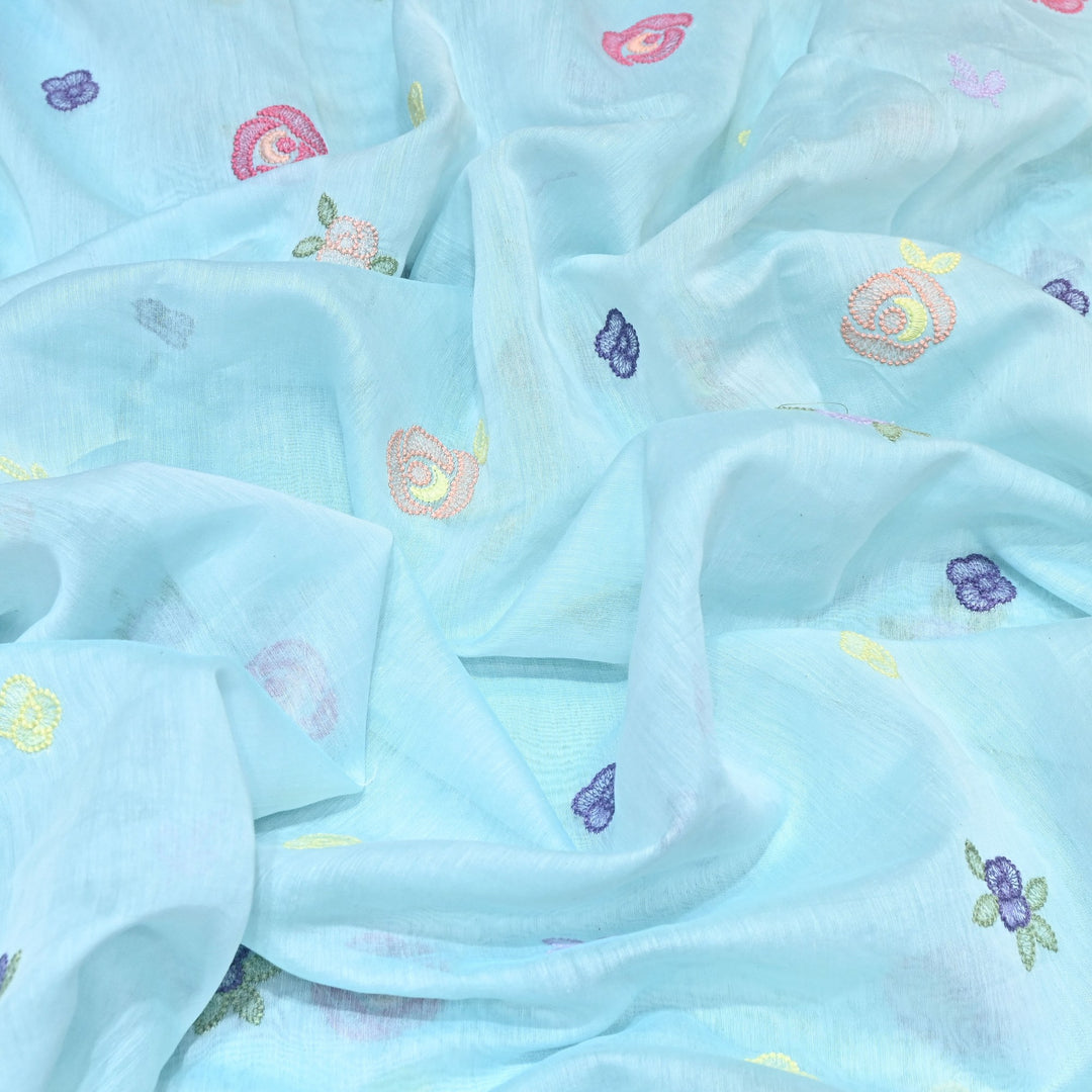Powder Blue Color Mul Chanderi Floral Thread Embroidery Fabric – Soft Breathable Designer Fabric- MF8231-2