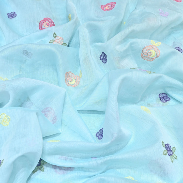 Powder Blue Color Mul Chanderi Floral Thread Embroidery Fabric – Soft Breathable Designer Fabric- MF8231-2