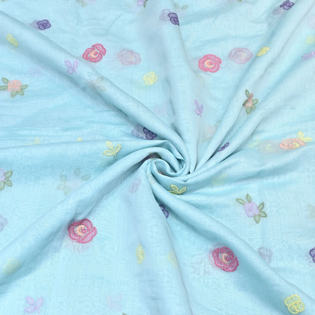 Powder Blue Color Mul Chanderi Floral Thread Embroidery Fabric – Soft Breathable Designer Fabric- MF8231-2