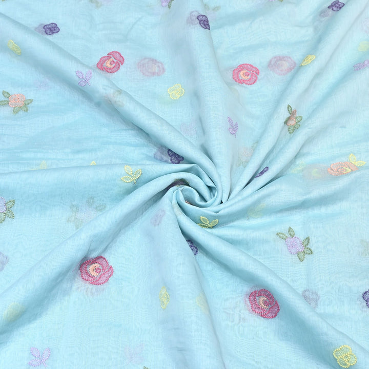 Powder Blue Color Mul Chanderi Floral Thread Embroidery Fabric – Soft Breathable Designer Fabric- MF8231-2