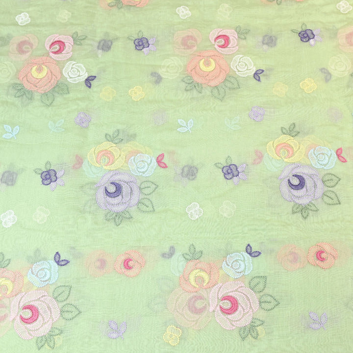 Pastel Green Color Mul Chanderi Floral Thread Embroidery Fabric – Soft Breathable Designer Fabric- M08231-3